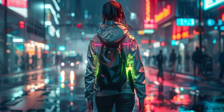 Street style night, model in techwear with neon accents, background is a dark urban street, clothing glows subtly, moody scene, model is walking confidently