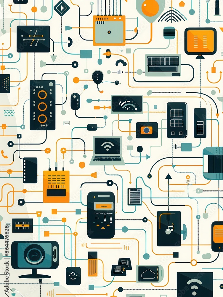 Poster a digital illustration featuring various network devices and smart home gadgets interconnected by li