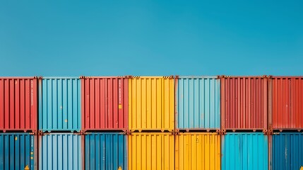 Fototapeta premium Brightly colored shipping containers arranged in an industrial port, clear blue sky, emphasizing global trade and logistics, with large cranes working in the background