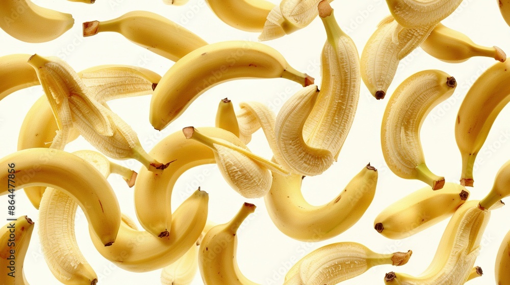 Poster a group of ripe bananas resting on a white table with an adjacent pile of unripe bananas