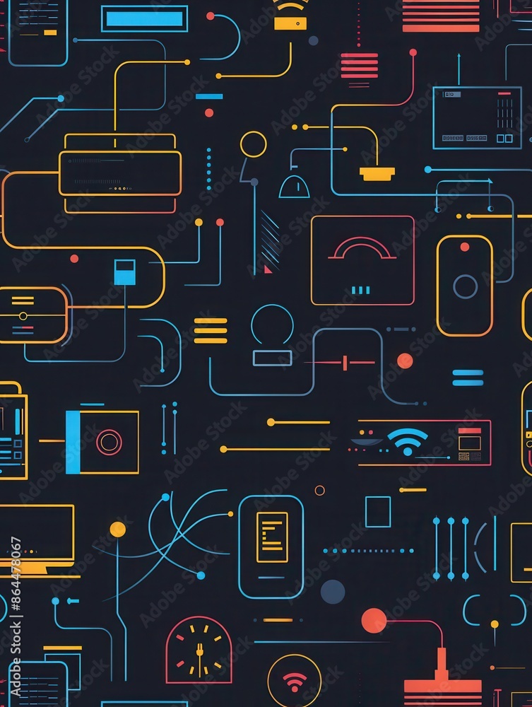 Poster a colorful abstract illustration depicting various network devices, including routers, modems, and s