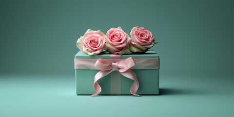 A pink gift box with a floral arrangement of pink roses on top of it, romantic feminine gift concept, copy space
