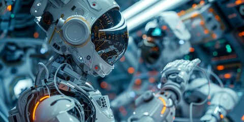Fototapeta premium AI in Space Exploration Robot assisting astronauts on a space mission. Bright, futuristic environment with advanced technology and vibrant details. Emphasis on exploration and innovation.