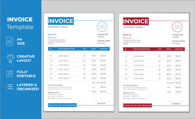 Business invoice form template. Invoicing quotes, money bills or price invoices and payment agreement design templates. 