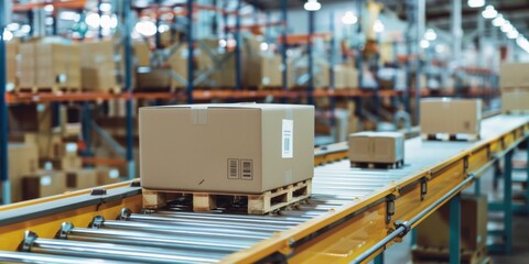 Naklejka premium E-commerce Packaging Automated packaging machines in a modern warehouse. Emphasis on efficiency and technology.