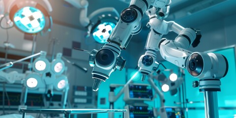 Fototapeta premium Robotics in Healthcare Robotic arms assisting in a surgical procedure. Bright, sterile environment with advanced medical equipment and vibrant details. Emphasis on precision and technology. 