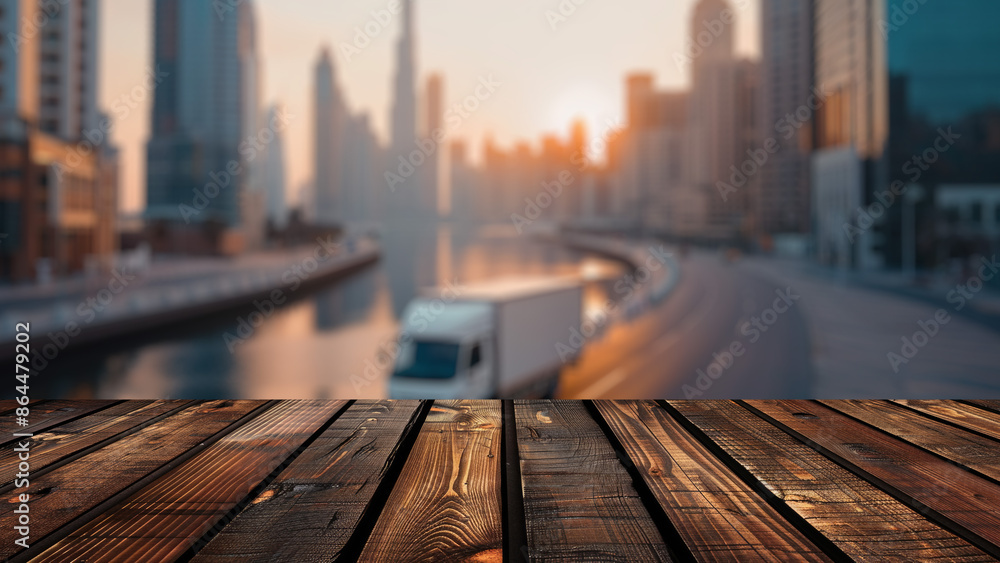 Poster empty wood table top with blur background of warehouse of factory. the table giving copy space for p