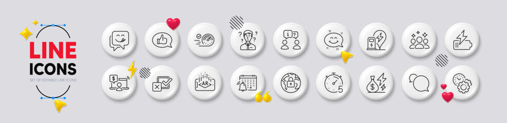 Support consultant, Online shopping and Smile chat line icons. White buttons 3d icons. Pack of Interview, Timer, Speedometer icon. Electricity price, Augmented reality, Messenger pictogram. Vector