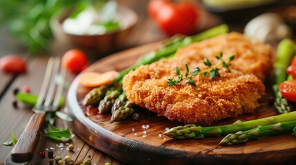 Crispy breaded fried pork chop, green asparagus and fresh vegetables on wooden table