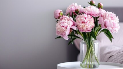Fototapeta premium A bouquet of pink peonies arranged in a clear glass vase sits on a white table. The flowers are in full bloom, and the image is taken from a close-up perspective.