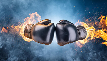 Fototapeta premium Close-up of boxing gloves surrounded by fire effects. Sense of power. Dark backdrop.