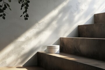 mockup of a cosmetic cream jar on the background of steps, beige, light brown and gold palette, copy space, place for text