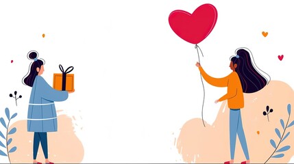 Fototapeta premium Two women exchanging gifts, one holding a heart-shaped balloon, the other holding a wrapped present.