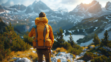 A young trekking traveler dressed in sport hiking clothes, looking towards the horizon, in the background mountains 
