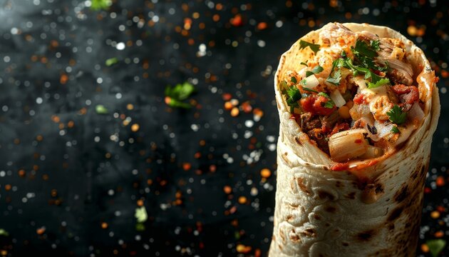 Flying grilled beef turkish shawarma or chicken arabic doner sandwich on black background