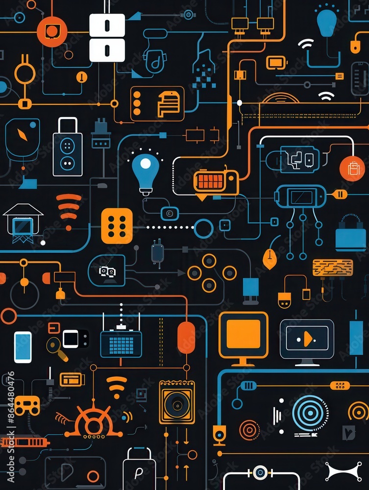 Poster a vibrant, abstract illustration depicting a network of smart home devices and network infrastructur