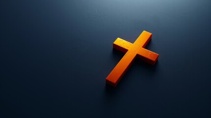 Orange cross on dark textured background, religious symbol concept