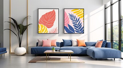Modern Living Room with Colorful Wall Art and Comfortable Blue Sofa