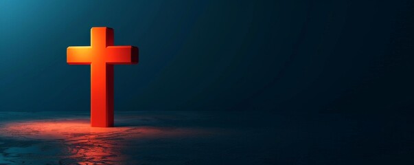 Fototapeta premium Red illuminated cross on dark background with spotlight, religious and spiritual concept