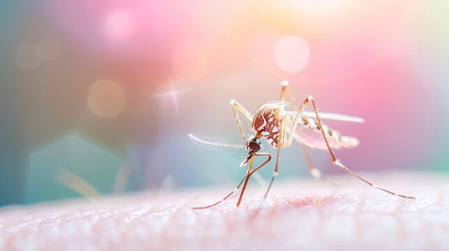 Close-up of Mosquito Biting Human Skin in Vibrant Sunlight with Colorful Bokeh