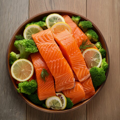 Stack of salmon fish. Fresh salmon fish Background concept. Steamed salmon fillet with veget