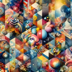 Obraz premium The image depicts a vibrant and intricate collage of surreal art elements, including hands, geometric shapes, planets, and floral patterns, all interwoven in a kaleidoscopic manner. 