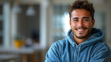 Obraz premium A young Latino university student smiling with his arms crossed, inside a modern building.