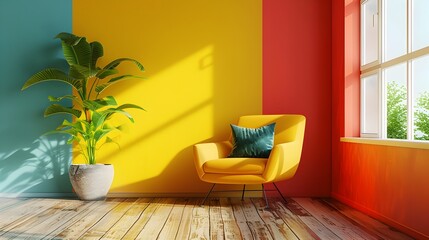 Vibrant Minimalist Living Room with Rainbow Decor Mockup and 3D Render