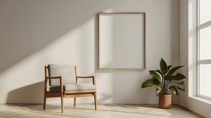 Fototapeta premium Wooden Frame and Minimalist Designer Chair in Clean Simple Space