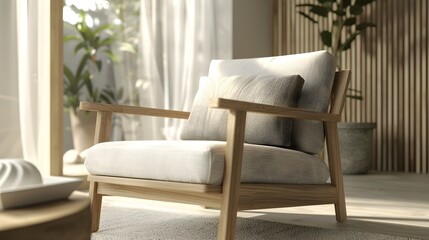 Wooden Frame Beside Modern Designer Chair in Minimalist Interior