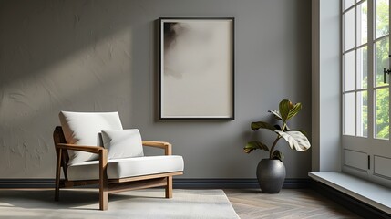 Fototapeta premium Wooden Frame Mockup with Sleek Contemporary Chair 3D Render