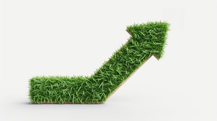 Eco-friendly green arrow made of grass pointing upwards, symbolizing sustainable and ecological development, on a white background, ideal for promoting environmental awareness and green initiatives