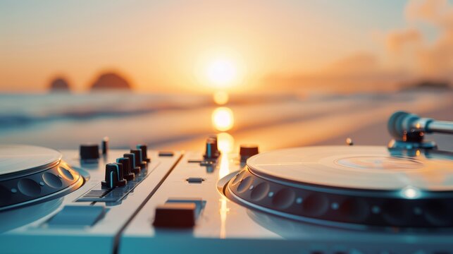 DJ booth on a sunlit beach, turntables set against the backdrop of a stunning sunset, vibrant and festive atmosphere with partygoers dancing and enjoying the music