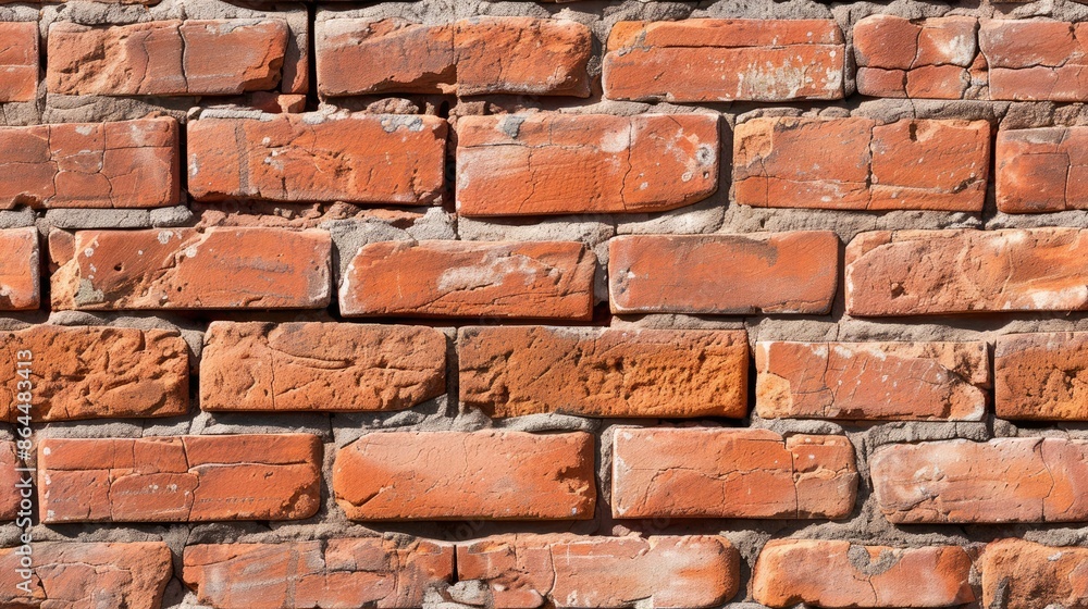 Poster a close up view of an old red brick wall with mortar. the bricks are weathered and worn, with some c