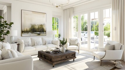 Fototapeta premium Bright and Airy Minimalist Living Room with White Furniture 3D Render