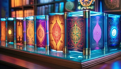 Create a futuristic library archive where holographic displays showcase ancient manuscripts and scrolls bearing religious signs.