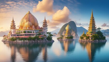  a surreal dreamscape where floating islands are adorned with giant statues depicting religious signs from different cultures.