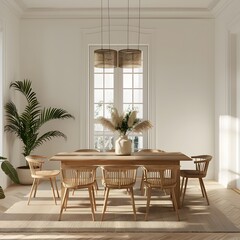 Bright and Airy Dining Room with Wooden Furniture and Home Design Mockup