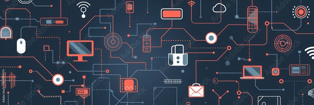 Poster a stylized illustration depicting various network devices connected by abstract lines symbolizing da