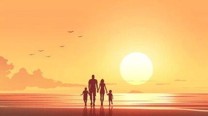 Fototapeta premium Silhouette of a family walking on the beach at sunset.