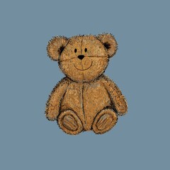 Old scruffy teddy bear. Tatty teddy bear. Toy bear cute teddy on a blue background. Fluffy bear illustration. Teddy bear artwork. Antique teddy. Retro worn teddy bear.