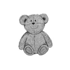 Old scruffy teddy bear. Tatty teddy bear. Toy bear cute teddy on a blue background. Fluffy bear illustration. Teddy bear artwork. Antique teddy. Retro worn teddy bear.