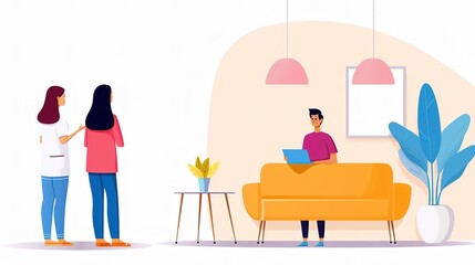 Two women standing in a waiting room, while a man sits on a couch using a laptop.