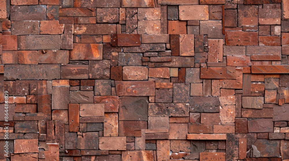Poster a close-up photograph of a brick wall, showcasing various textures and colors of bricks, creating a 