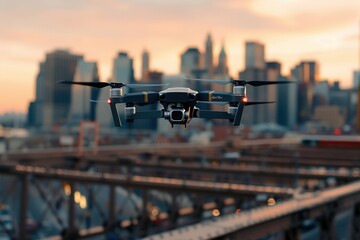 Fototapeta premium A drone captures stunning aerial views of a city skyline at sunset. Generative AI