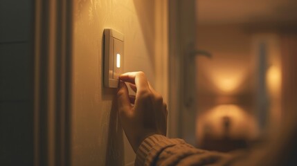 Closeup of a hand turning off a light switch in a softly lit room