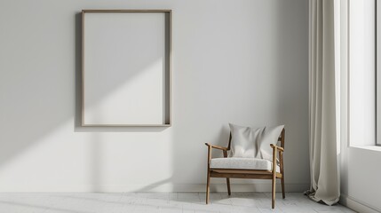 Contemporary 3D Rendered Frame Mockup with Minimalist Chair in Simplistic Studio Setting