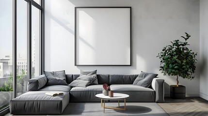 Contemporary Living Room with Empty Frame on Clean Wall Home Mockup 3D Render