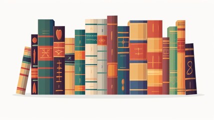 Elegant flat design of a row of books with different heights and colors, creating a dynamic library scene on a white background