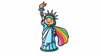 Fototapeta premium Enchanting 2D kawaii toy illustration of the Statue of Liberty from the Cry Baby series, draped in a rainbow cape for LGBTQ pride